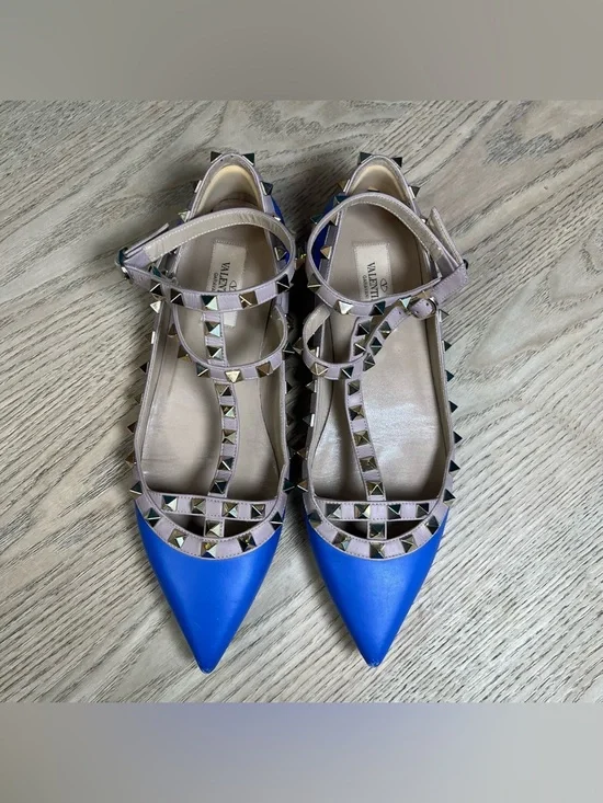 Valentino Garavani Rockstud Blue Leather Studded Ballet Flats Size 38.5 - Picture 2 of 11